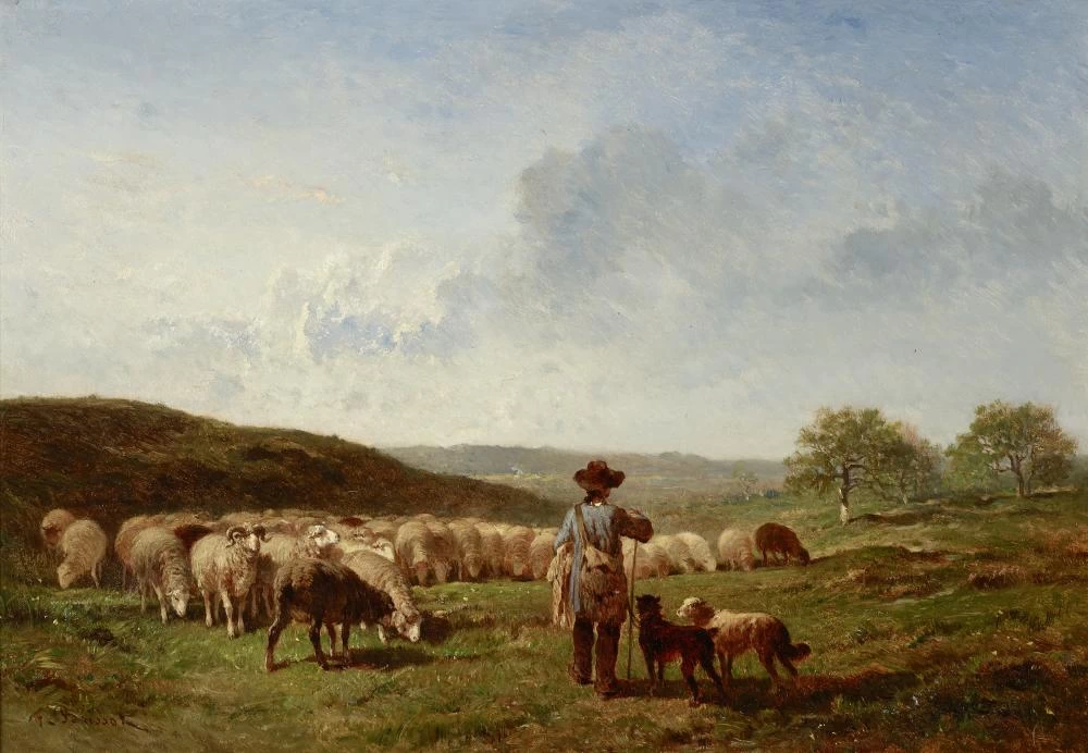 Un vasto paesaggio con un pastore che si prende cura del suo gregge